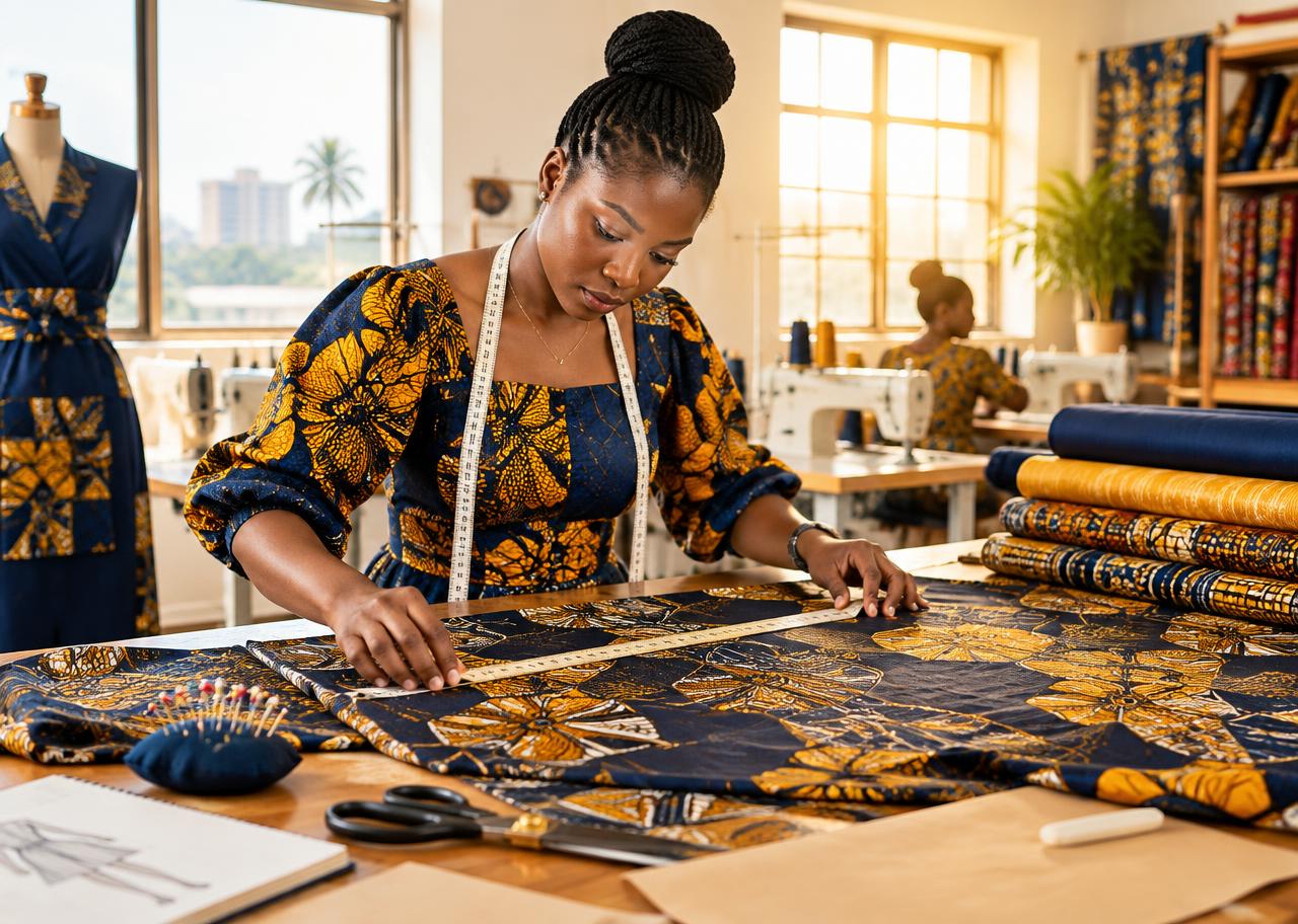 Ghanaian fashion artisan measuring fabric in her workshop